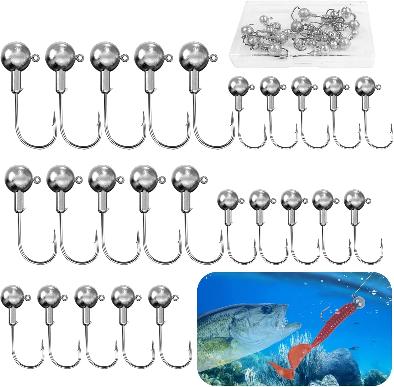 UZSUZZ 25 pièces Têtes Plombées, Têtes Plombées pour Leurre, Tête plombée Ronde, Jig Hameçons avec Billes de Plomb Rondes Hameçons pour Poissons en Caoutchouc Peche en Mer 20g,16g,10g,7g,5g