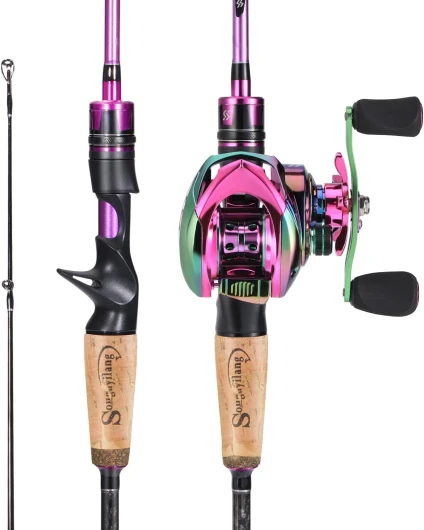 Sougayilang Canne à pêche et moulinet, 1,8 m/2,1 m MH avec moulinet à appât, 2 sections Combo moulinet violet pour droitier 2.1M-MH-FAST-Casting Rod