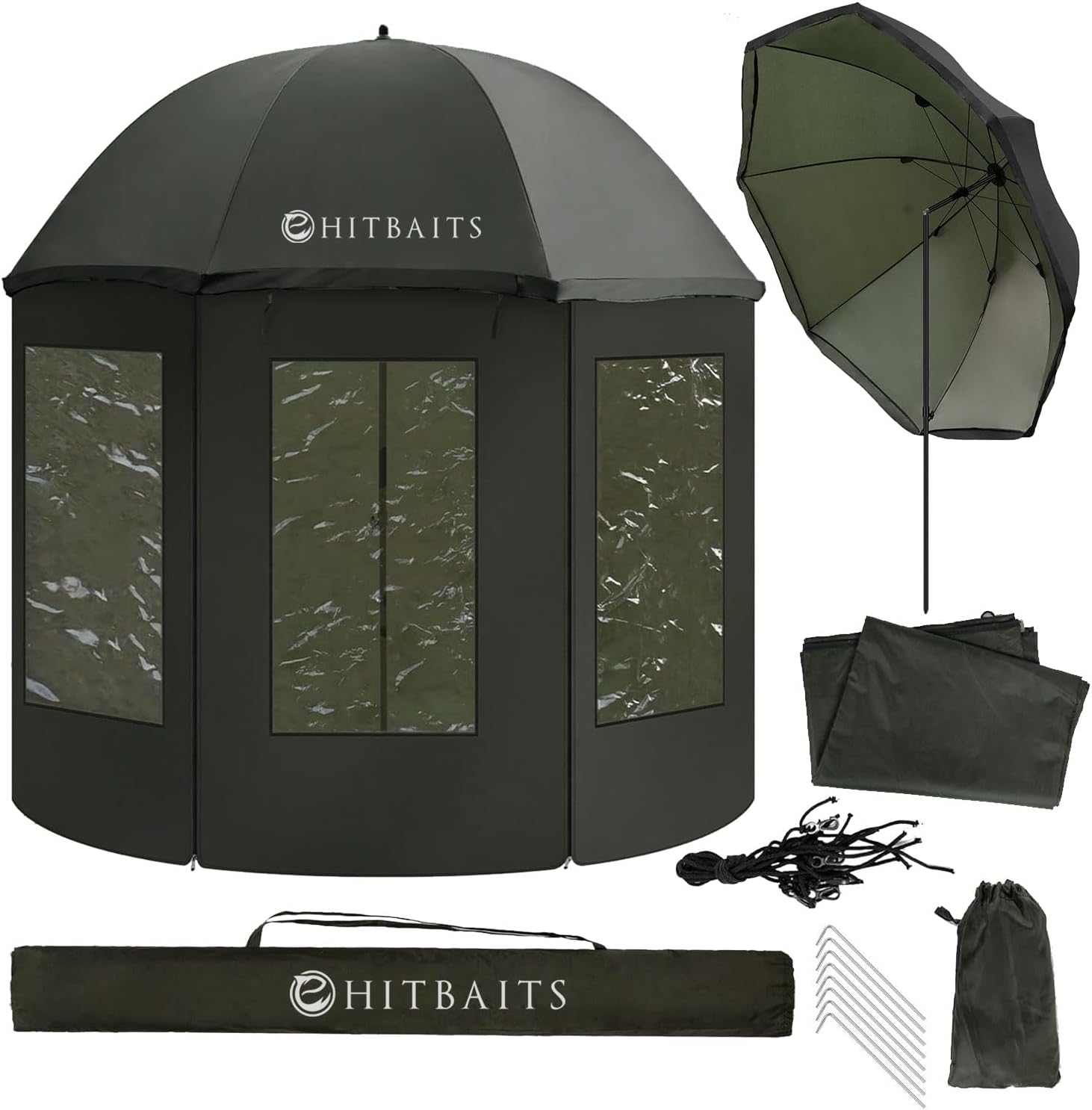 Hitbaits Parapluie de Pêche Imperméable, Grand Parapluie, Résistant au Vent, Accessoires de Pêche, Facile à Monter, Ouverture Rapide, Durable, avec Fenêtres et Capuche Ajustable, 240 cm, Noir
