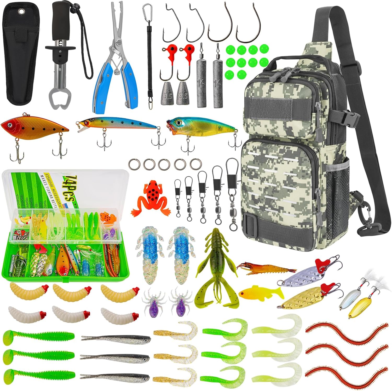 THKFISH Ensemble de 79 sacs de pêche étanches avec boîtes, sac de pêche pour la pêche, y compris pinces de pêche, appâts, extracteur de hameçons et poignée à lèvres