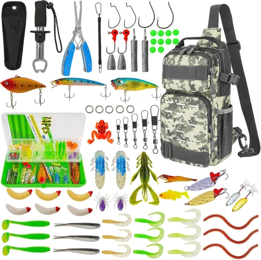 THKFISH Ensemble de 79 sacs de pêche étanches avec boîtes, sac de pêche pour la pêche, y compris pinces de pêche, appâts, extracteur de hameçons et poignée à lèvres