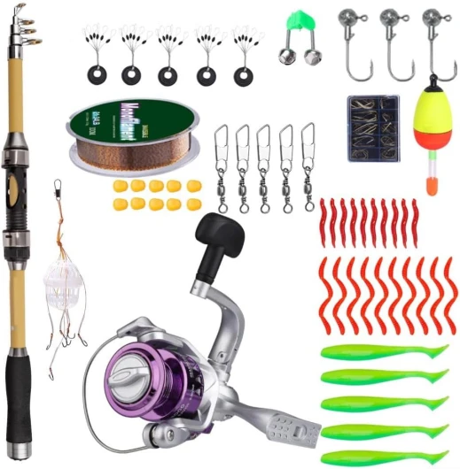 Canne à pêche télescopique et moulinet pour débutants, kit de canne à pêche de 1,8 m avec 56 accessoires pour bar, truite, pêche en mer, cadeau de vacances