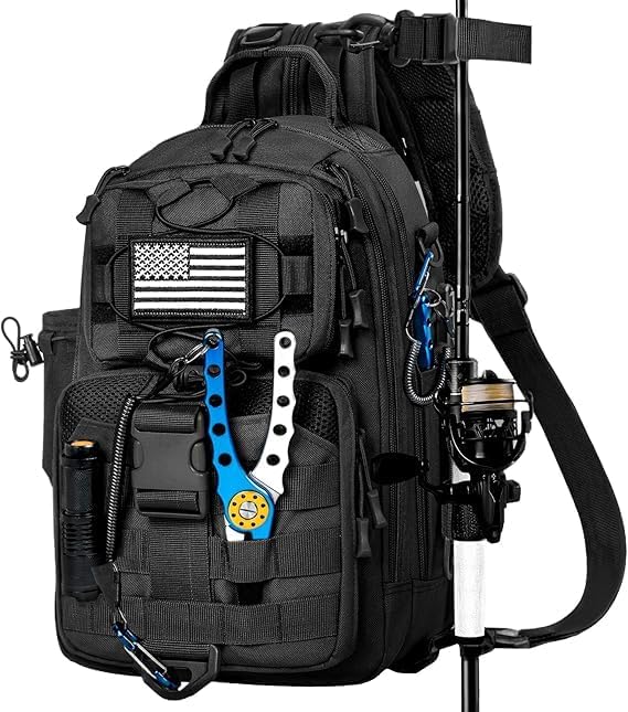 OUUTMEE Sac à Dos de Pêche avec Support de Canne à Pêche, Sac de Pêche Portable en Bandoulière, Sac de Pêche Imperméable et Multi-Poches pour Pêche, Randonnée et Voyage (Noir)