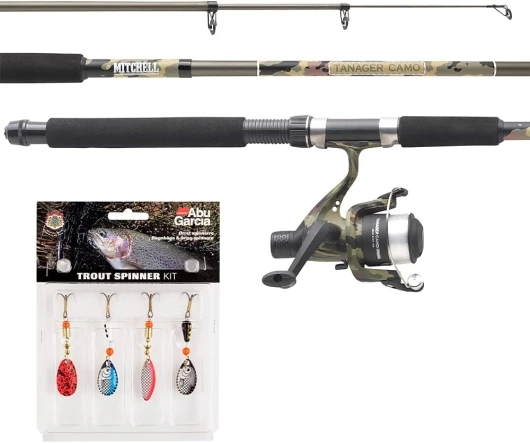 Tanager Camouflage kit Complet Canne et Moulinet avec Fil et leurres prêt à pêcher Le Sandre, Le brochet et la Perche, la pêche au prédateur Télescopique 1.8m