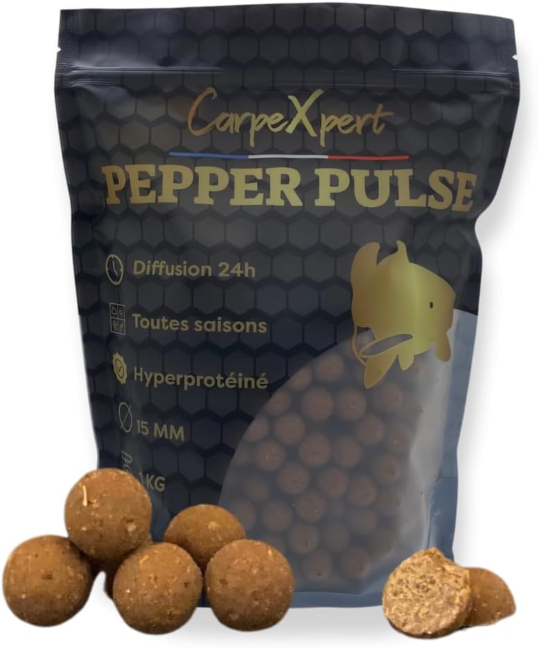 Bouillette Pepper Pulse - 15 ou 20mm - Hyperprotéiné - Diffusion Continue sur 22h+ - Toutes Saisons - 1kg - Appât de pêche à la Carpe