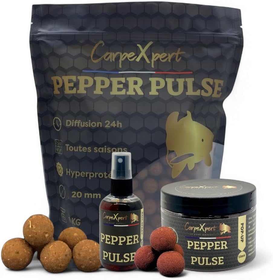 Gamme Pepper Pulse - Bouillette 20mm + Pop-Up + Bait-Spray - Toutes Saisons - Boosté & Hyperprotéiné - Diffusion 22h+ - 20mm - Anti-Capot…