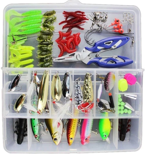 Vicloon Leurres de Pêche Kit Spinnerbaits,Plastique vers,Minnow,Popper,Leurres,Souples Pêche Jigs Crochets de Pêche - Kit d'appâts de Pêche Portable avec Boîte 120 Pièces