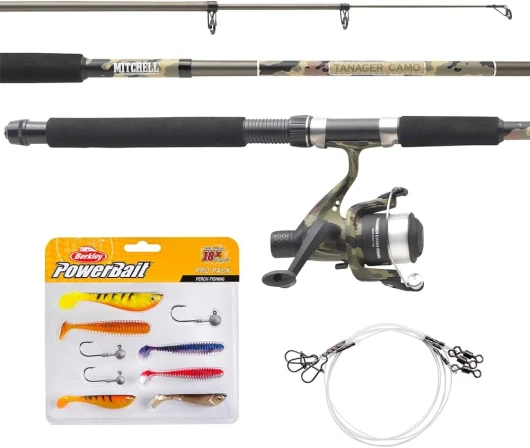 Tanager Camouflage kit Complet Canne et Moulinet avec Fil et leurres prêt à pêcher Le Sandre, Le brochet et la Perche, la pêche au prédateur