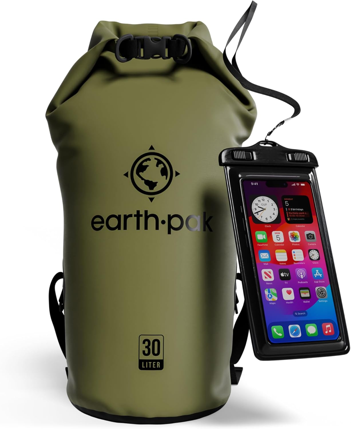 Earth Pak – Wasserdichter Packsack mit Schultergurt und wasserfester Handyhülle – Ideale Rolltop Tasche beim Kajak Fahren, Wandern, Camping, Angeln, Bootfahren und Rafting