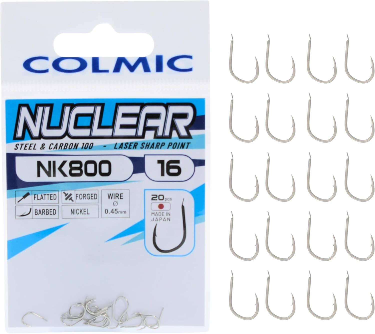 Colmic – 20 Hameçons de pêche NK800 en Acier Carbone Taille 16, avec Finition Nickel – Flatted, Forged, Barb – Idéal pour la Carpe et la pêche de Puissance – Produit Officiel Colmic