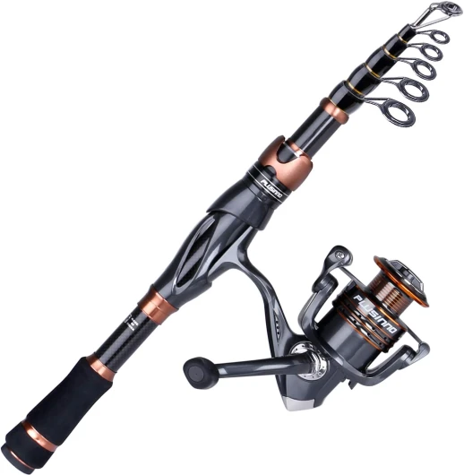 PLUSINNO Ensemble Canne à pêche et Moulinet, Bronze Warrior Toray 24 tonnes en Carbone Matrix Télescopique Canne à pêche Canne à pêche 12 + 1 roulements blindés en Acier Inoxydable BB Spinning Reel