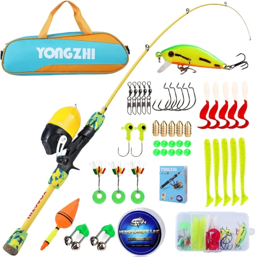 Sougayilang Canne à pêche télescopique portable et moulinet pour enfants, avec leurres de ligne de pêche, sac de pêche Spincast pour jeunes, filles et garçons voyageant