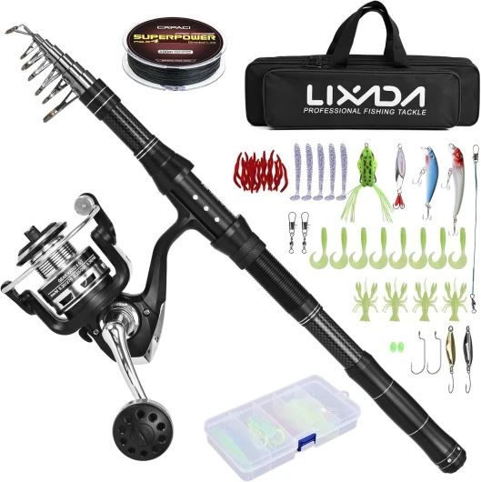 Lixada Canne à Pêche,Kit de Pêche Professionnel-Moulinet de pêche en Aluminium résistant et Boîte d'Accessoires Complète，Adapté pour Les Voyages de pêche en Eau Douce et en Eau salée