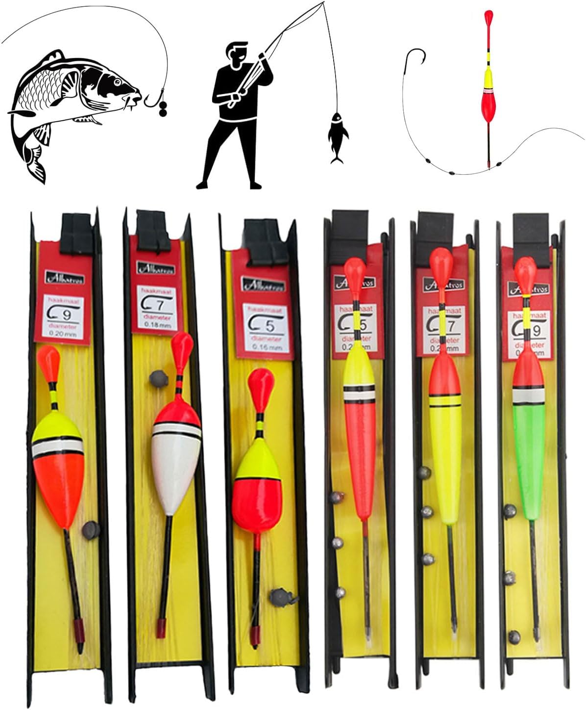 KGDUYC Hezhou 6 pièces Flotteur de pêche avec Plomb, Ligne et hameçon (5#, 7#, 9#) pour Poissons Convient pour la rivière l'étang et la Ruche