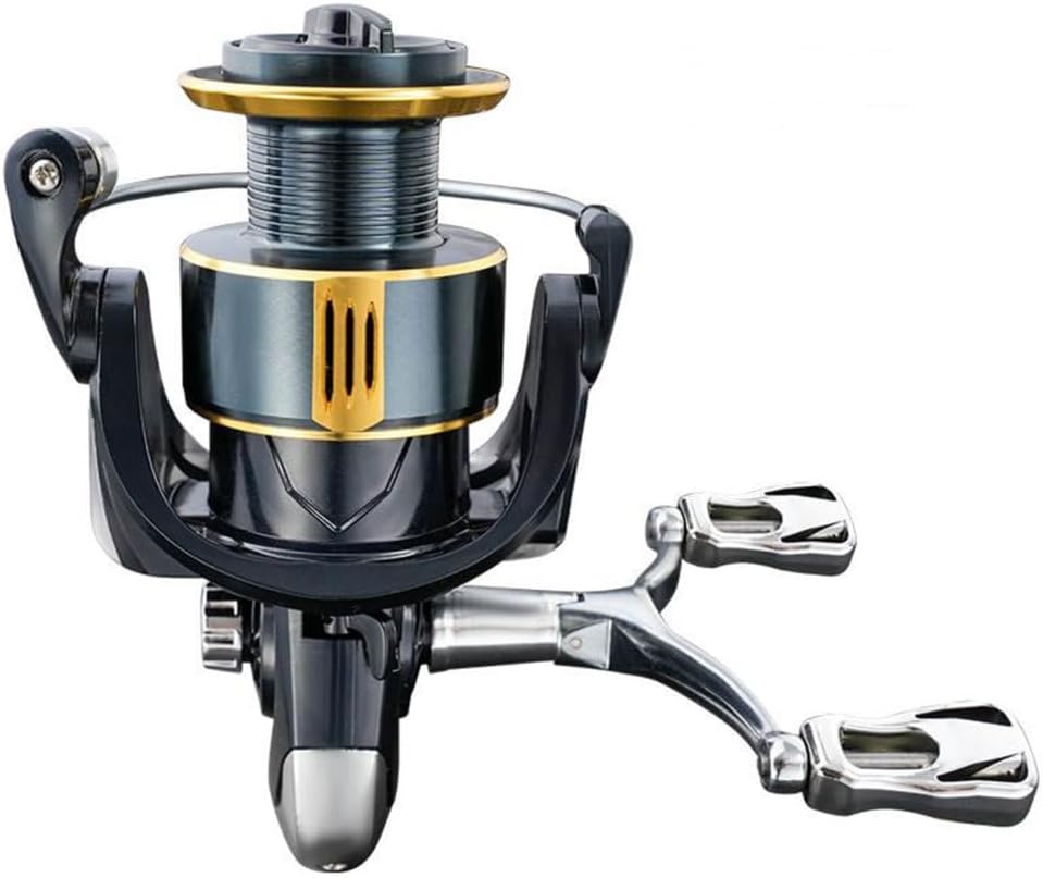 Moulinet de Pêche Spinning, Tourniquet à Tambour Fixe 5,2:1, Fishing Reel Léger à Double Culbuteur, Poignée de Pêche pour Gauchers et Droitiers modèle 6000