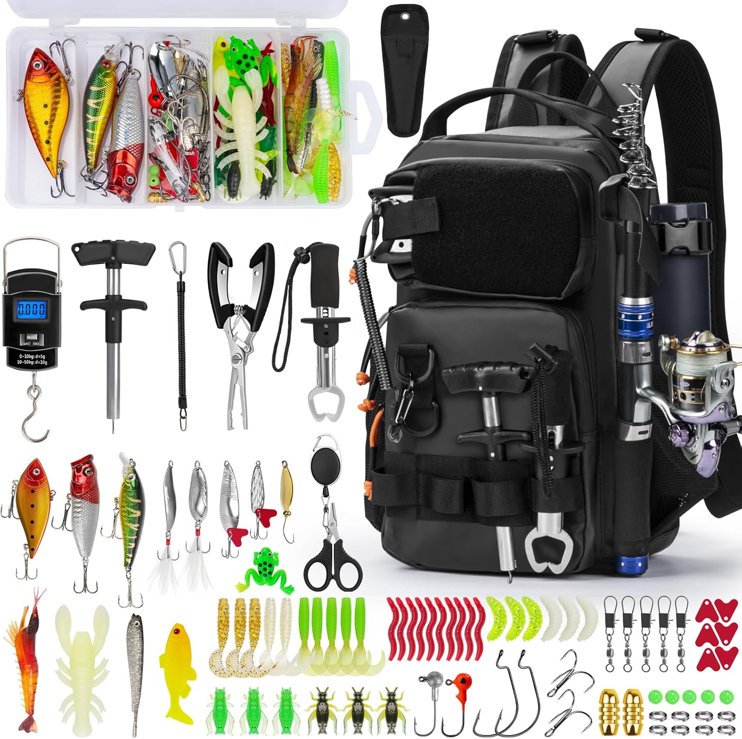 THKFISH Kit d'outils de pêche 462 pièces, sac à dos et boîte de matériel de pêche avec matériel inclus, leurres, crochets, plombs, kit d'accessoires, pince, pince à lèvre, équipement de pêche et Noir - 87 Pièces