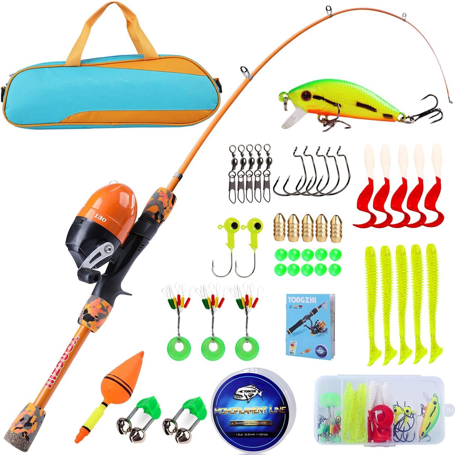 Sougayilang Canne à pêche télescopique portable et moulinet pour enfants, avec leurres de ligne de pêche, sac de pêche Spincast pour jeunes, filles et garçons voyageant Orange