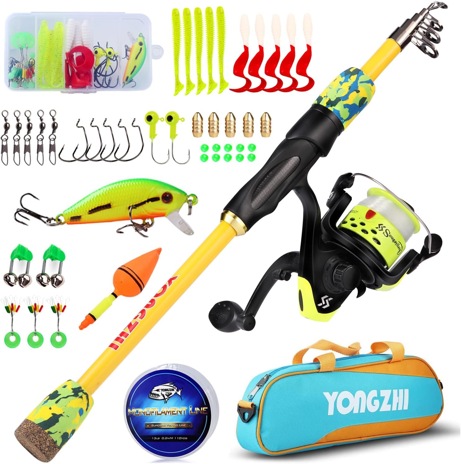 Canne à pêche pour Enfants Sougayilang, Canne à pêche télescopique Portable et Combo de Moulinet, avec leurres de Sac de pêche à la moulinette pour Filles et garçons Jaune