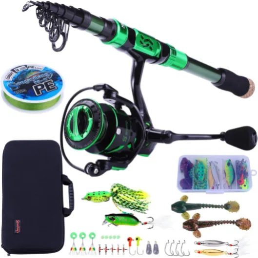 Sougayilang Ensemble Canne à pêche et Moulinet, Canne à pêche télescopique en Fibre de Carbone 12+1BB Moulinet avec Sac de Transport pour Eau salée et Eau Douce Green-2.1m/6.89FT+3000 2.4m/7.87ft-sd3000