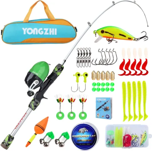Sougayilang Canne à pêche télescopique portable et moulinet pour enfants, avec leurres de ligne de pêche, sac de pêche Spincast pour jeunes, filles et garçons voyageant Vert