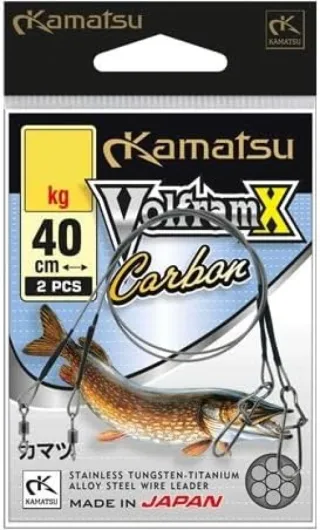Kamatsu Volfram X Carbon Leader 40 cm, capacité de charge 10 à 25 kg, bas de ligne en fil d'acier avec revêtement en graphite, anti-torsion et anti-coupe, avec émerillons et snap, bas de ligne de 20 kg