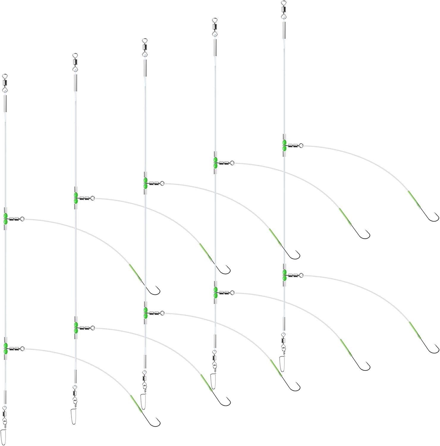 Luroad Lot de 5 Pré-noué Bas de Ligne Peche en Mer, Tailles 1, 2/0 Bas de Peche Mer pour Pêche à la Plages, Pêche Côtière, Pêche Le Bar, la Plaice, la Truite, la Dorade 5 pièces - 2 crochets - taille 2/0 - écart de 80 cm