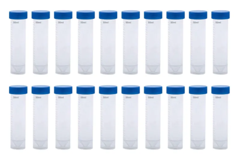HUAZIZ 20 Pièces Plastiques Tubes à Centrifuger Blue 50ml, Conique/Fond Plat Tubes à Essai Plastique, Sample Lab Tubes avec Bouchon à Visser et Graduations