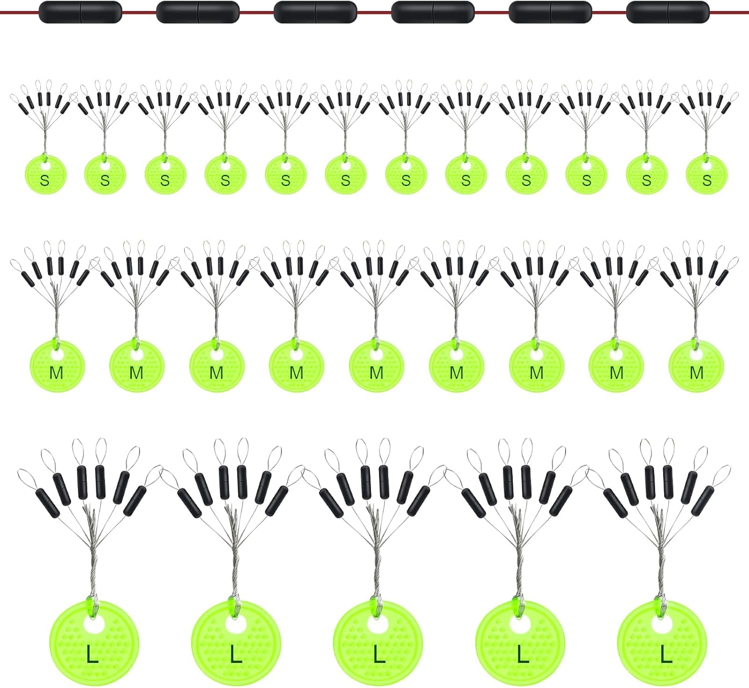 Annyswit 150 Pièces 6 en 1 Stop Float Peche, Vert Caoutchouc Arrêt de Bouchons Pêche, Perles Cylindriques en Caoutchouc pour Pêche à la Truite - pour Ligne de 0,1 à 0,43 mm (S/M/L)