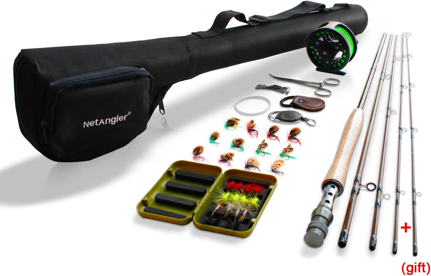 Canne à Pêche à la Mouche et Moulinet Combo 4 Pièces - 5 W Moulinet en Aluminium 28 Pièces avec Pointe de Canne, Dos et Sac de Transport en Tissu Kit complet de pêche à la mouche
