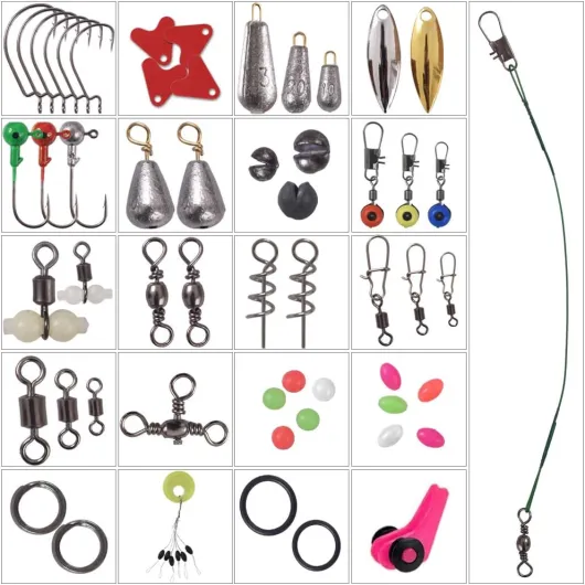 Newk Kit d'accessoires de pêche de 188 pièces, hameçons gabarits, poids de lancer de balle de basse, émerillons, glissières de plomb avec boîte