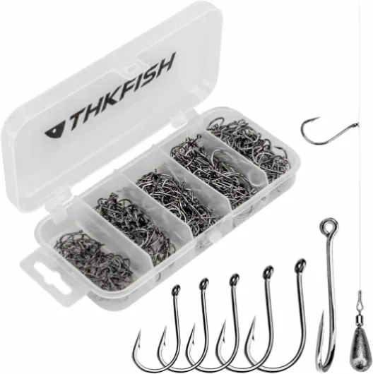 THKFISH 50pièces/100pièces//250pièces/500pièces hamecon Peche Crochets de Pêche Hameçons à Haute Teneur en Carbone Offset #3#2#1 1/0 2/0 A-500pcs