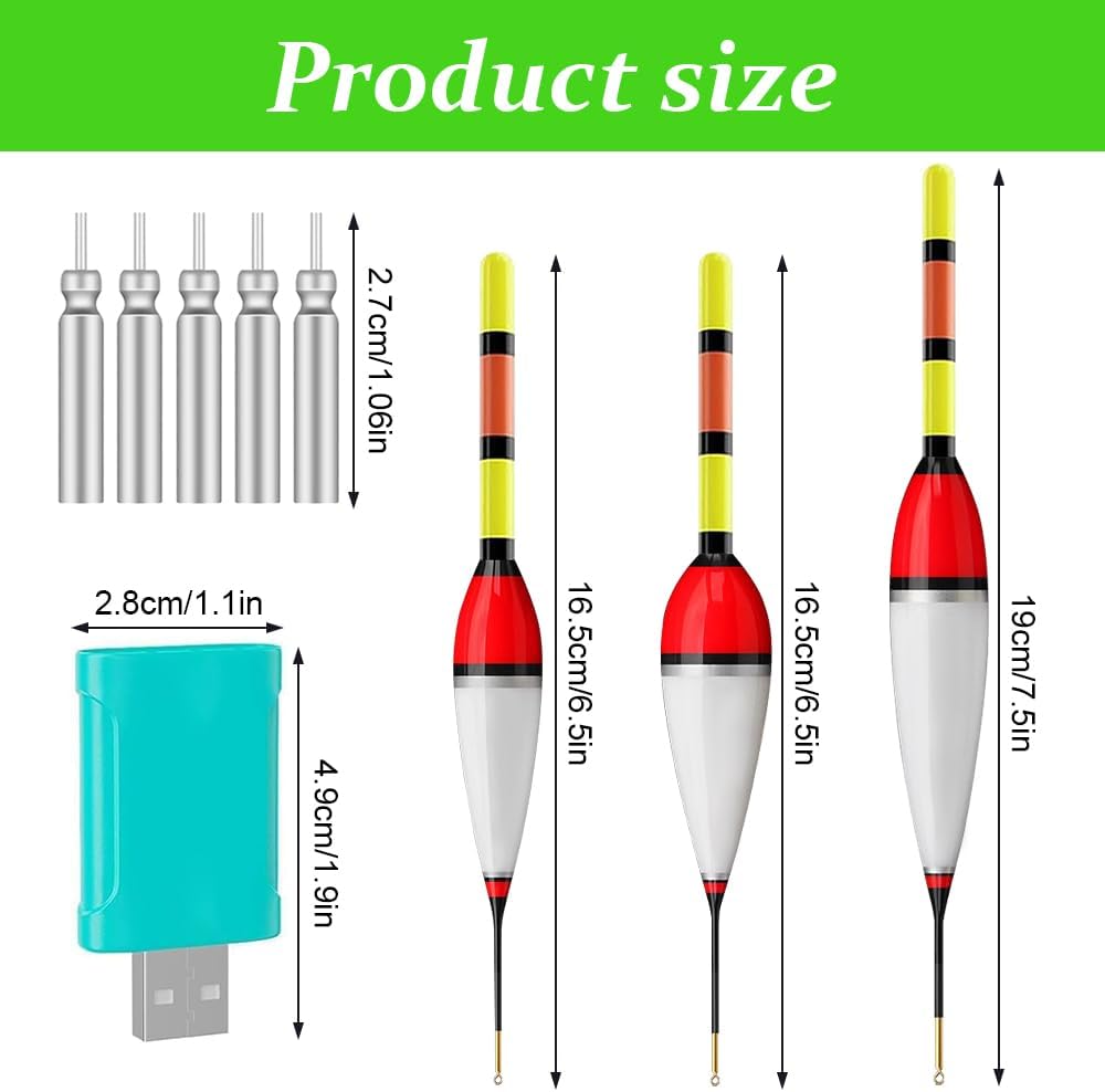 Bouchon Lumineux Peche,3 Flotteur Peche avec Chargeur de Batterie et 5 Piles bâton,Flotteurs de Pêche à LED,Flotteur Peche au Coup avec Boucle Alarme de Touche pour la Pêche en Mer