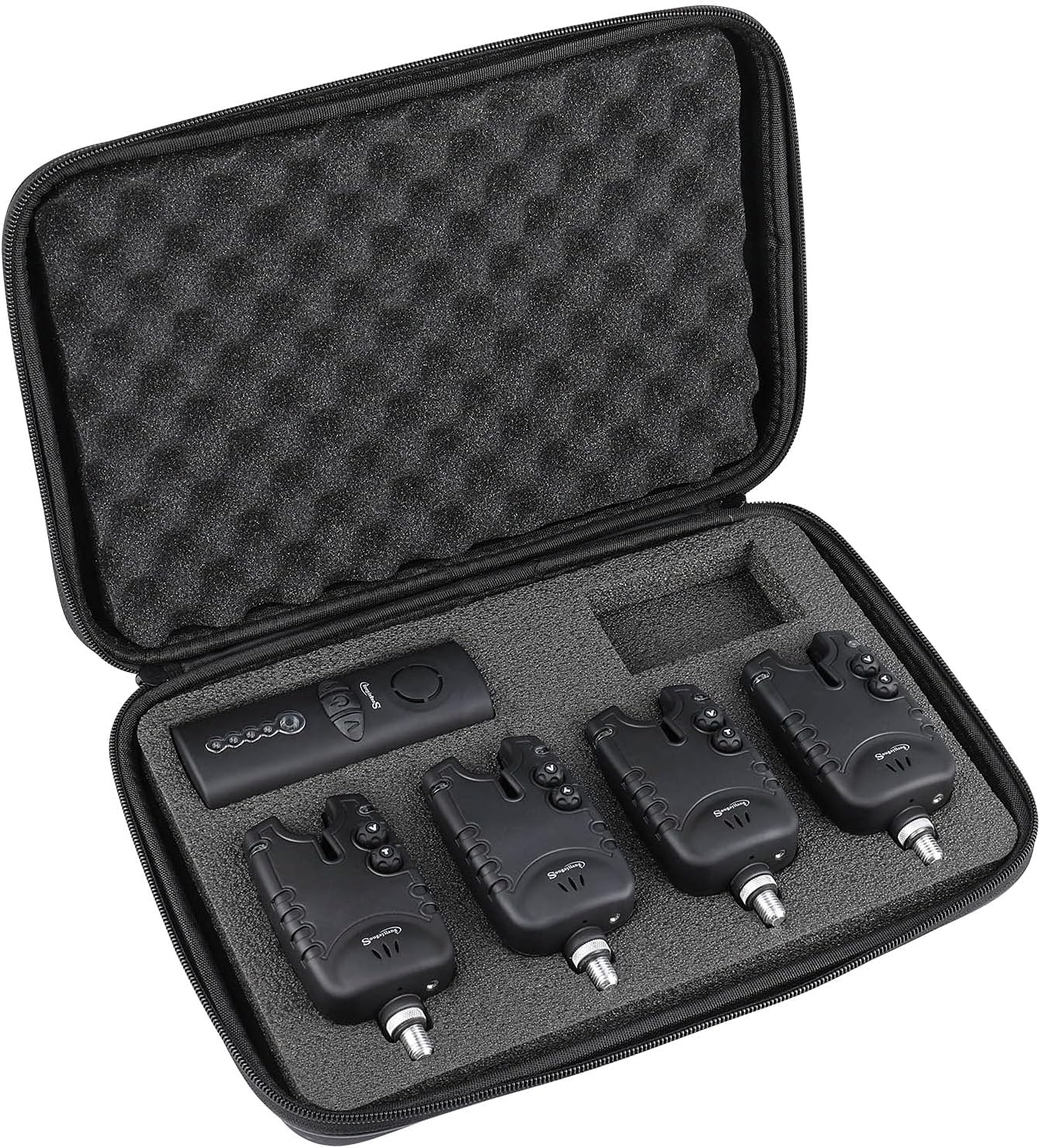 Sougayilang Ensemble d'alarme de Touche de pêche à la Carpe, 4 + 1 alarmes de Touche de pêche à LED sans Fil avec boîte à Fermeture éclair Portable pour différents Types de Cannes