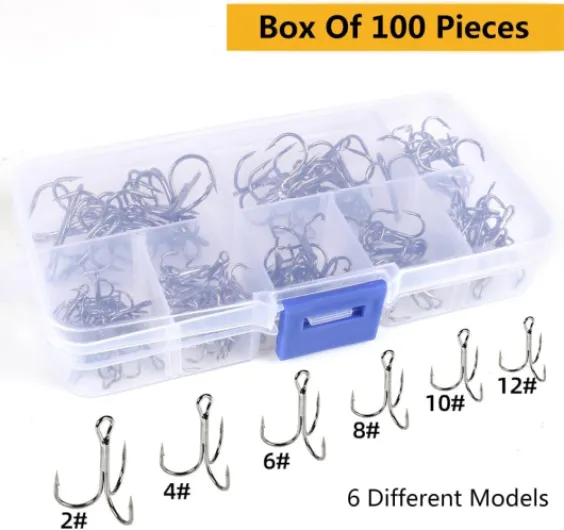 Lot de 100 hameçons de pêche triples en acier à haute teneur en carbone, hameçons barbelés tranchants, super tranchants, hameçons triples barbelés, petits hameçons ronds courbés Lot de 200