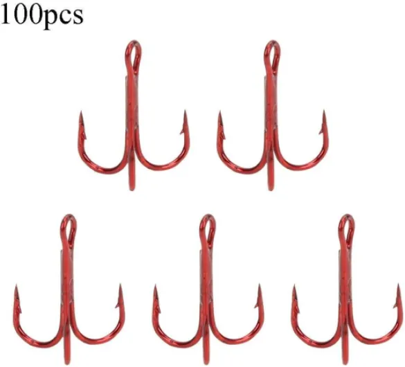 100 pièces hameçons de pêche, hameçons Triple barbelés hameçons de pêche en Acier à Haute teneur en Carbone hameçons aigus Accessoires hameçon Rouge 6#