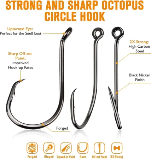 Dovesun Hameçons Circulaires pour Poisson-Chat 2X Résistance 100 Pièces Hameçons à Silure/Octopus Circle Hooks Eau Douce et Eau Salée Tailles 1/0-8/0 7/0*50 Pièces