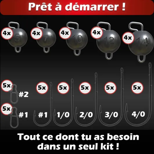 Cheburashka Set plombs Plomb (3 g/5 g/7 g/10 g/12 g/14) avec boîte pour hameçons Offset - Drop Shot Têtes plombées Dropshot Cheburashka Set - 20 plombs 20 hameçons 10 snaps 5g-14g