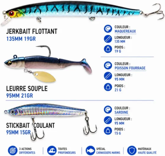 Pack 3 Leurres Pêche en Mer – Souple, Stickbait Coulant, Jerkbait – Spécial Bar – Kit Polyvalent Bord & Bateau – TSURI