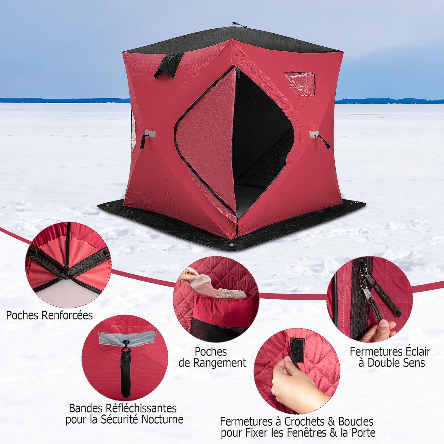 Tente de Pêche sur Glace pour 2-4 Personnes, Parois Rembourré de Coton Résistant au Froid, Abri Extérieur d'hiver, avec Fenêtres, Porte Zippée, Sac de Transport, 190x190 x171cm Rouge