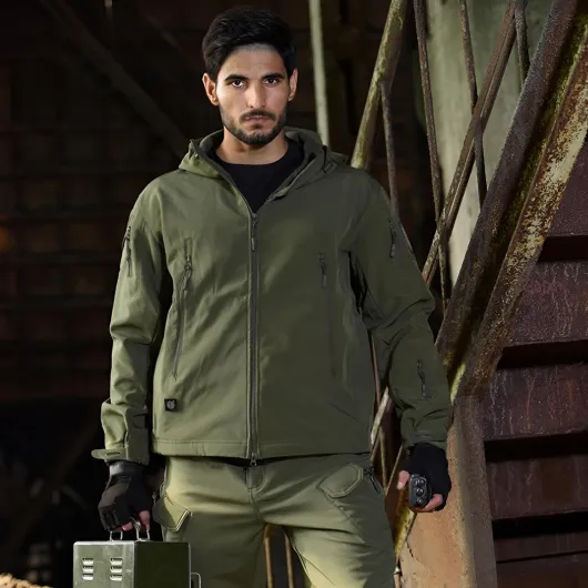 Hommes Softshell Veste Tactique à Capuchon & Pantalons Costumes pour Extérieur Pêche Randonnée Camping Vert M