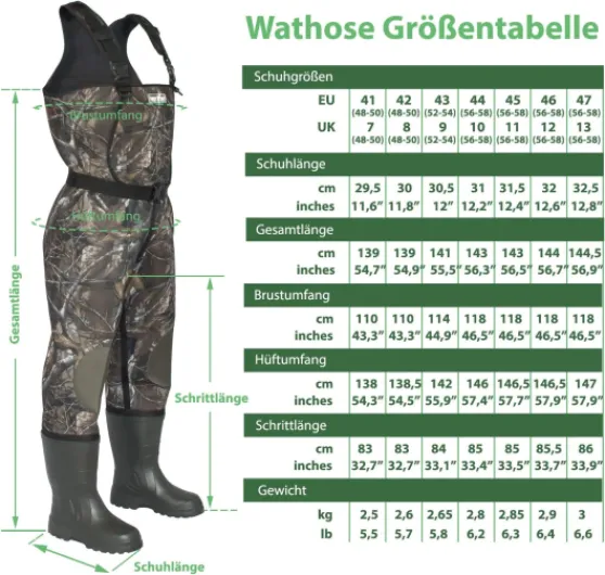 Waders néoprène 5mm Pantalons de pêche pour Hommes avec des Bottes Eva Taille 41-47 Pantalons de Wading étanche pêcheur étang Hommes de pêche Bottes de Wading 44 Tarnfarbe