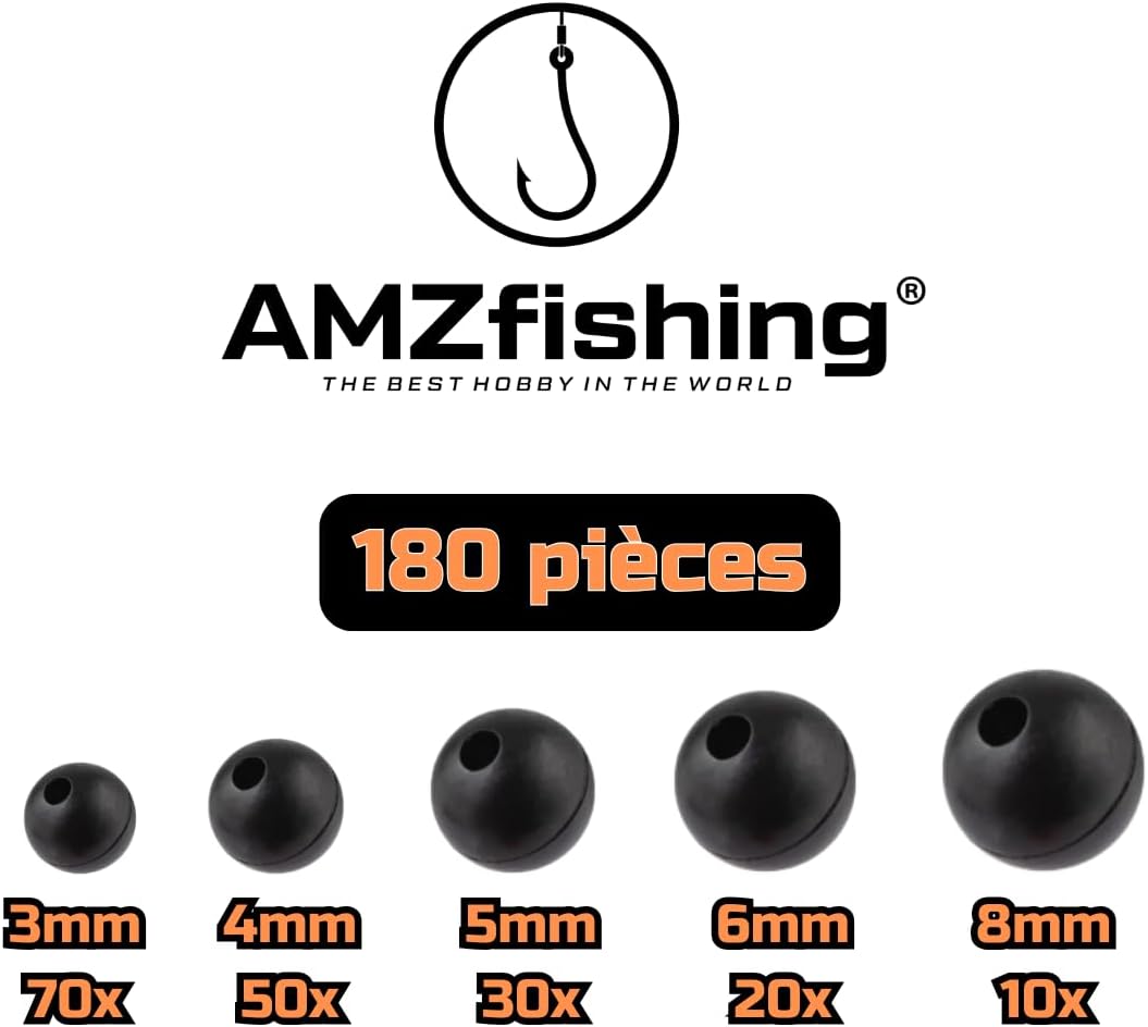 AMZfishing® Lot de 180 perles en caoutchouc de 3 mm à 8 mm - Pour la pêche a: set de 180 perles