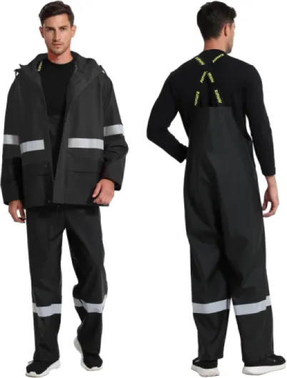 Ensemble de Pluie Homme Imperméable - Veste et pantalon PU étanches avec capuche amovible, idéal pour pêche, chantier, chasse et activités outdoor L Hi-Vis/Noir
