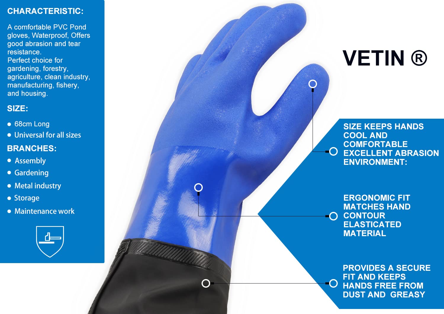 Gants longs pour étang - 68 cm - Résistants aux acides et aux alcalins - Imperméables - En caoutchouc PU - Gants de pêche épais pour aquarium et bassin - Bleu