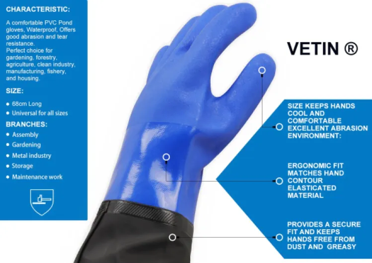 Gants longs pour étang - 68 cm - Résistants aux acides et aux alcalins - Imperméables - En caoutchouc PU - Gants de pêche épais pour aquarium et bassin - Bleu