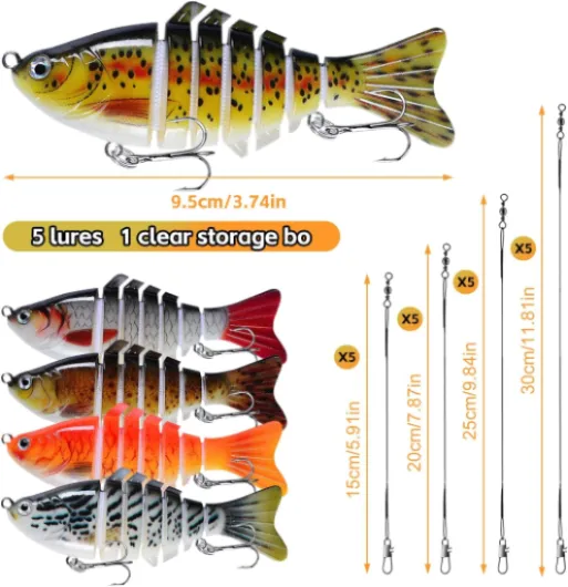 5 Pièces Leurre Peche Carnassier Set à Articulations avec Traces en Acier 15cm 20cm 25cm 30cm Leurres 3D Biomimétiques, Boîte Transparente Article de Peche pour Eau Douce et Saline