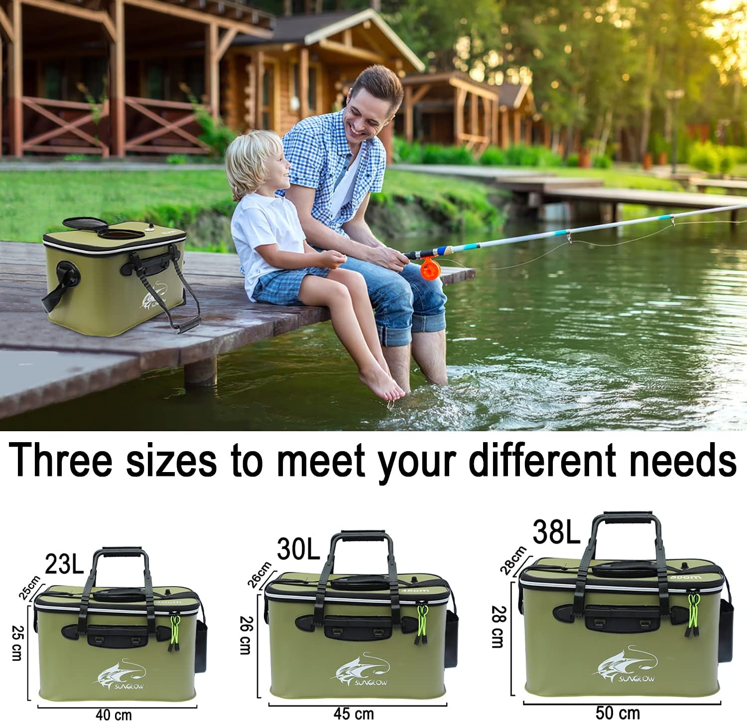 Seau de pêche, seau à poisson pliable, seau à poisson vivant multifonction, sac de pêche en EVA pour camping en plein air et seau de protection des poissons Armée Verte 23L
