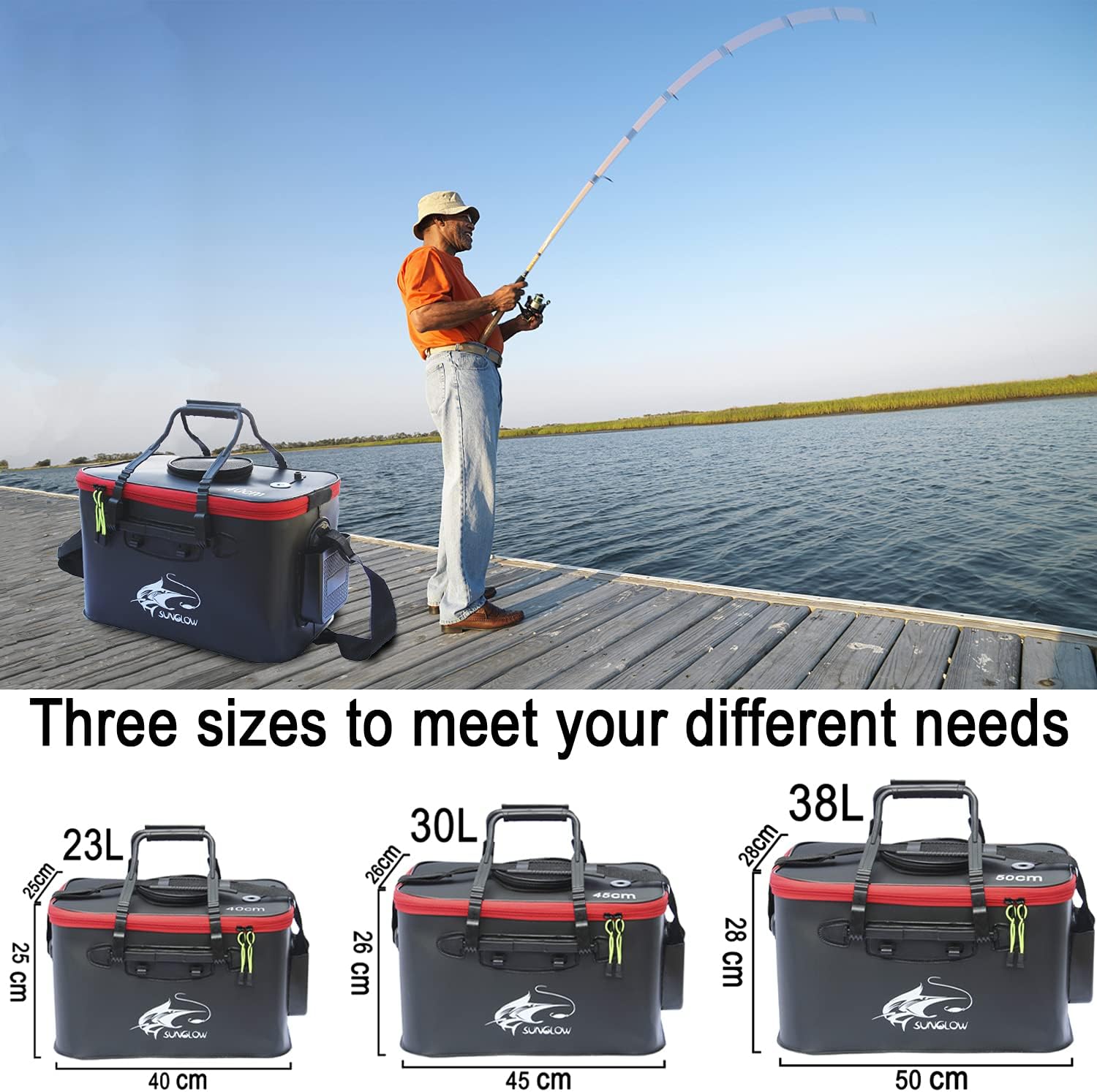 Seau de pêche, seau à poisson pliable, seau à poisson vivant multifonction, sac de pêche en EVA pour camping en plein air et seau de protection des poissons Noir 23L
