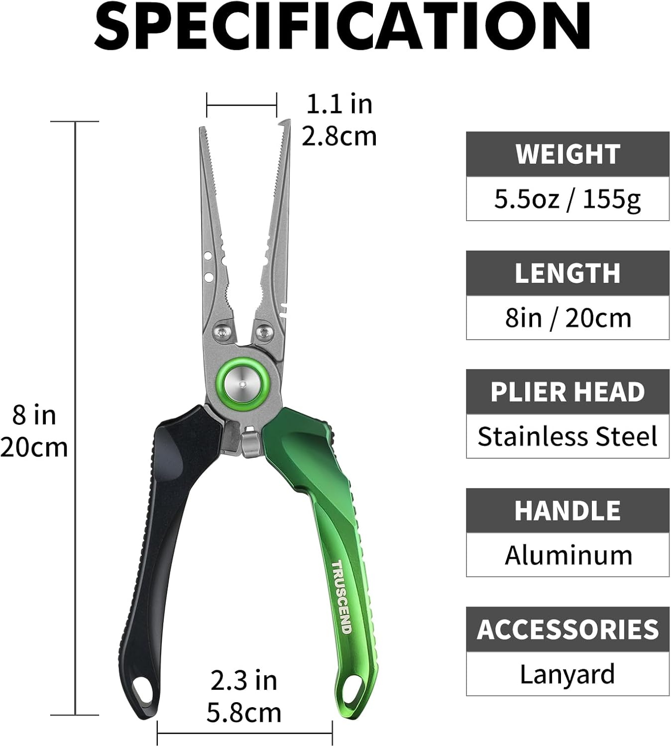 Pinces de Pêche Verrouillables avec Manche Ergonomique Innovant, Outil de Peche Résistant à l'eau salée revêtu de téflon, équipement de pêche Multifonction avec coupeur Mo-V, Cadeau de pêche E1-aluminium Vert