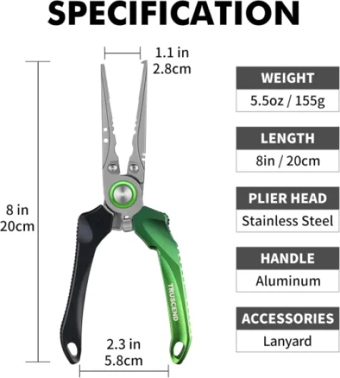 Pinces de Pêche Verrouillables avec Manche Ergonomique Innovant, Outil de Peche Résistant à l'eau salée revêtu de téflon, équipement de pêche Multifonction avec coupeur Mo-V, Cadeau de pêche E1-aluminium Vert
